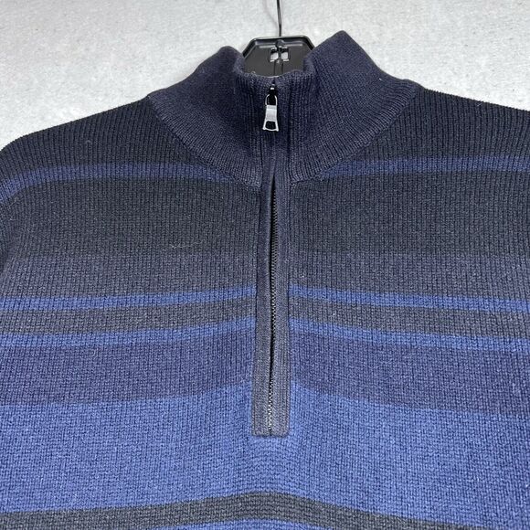 Banana Republic Sweater Mens Large Lambswool Cashmere 1/4 Zip Black/ Blue Stripe - Picture 2 of 10